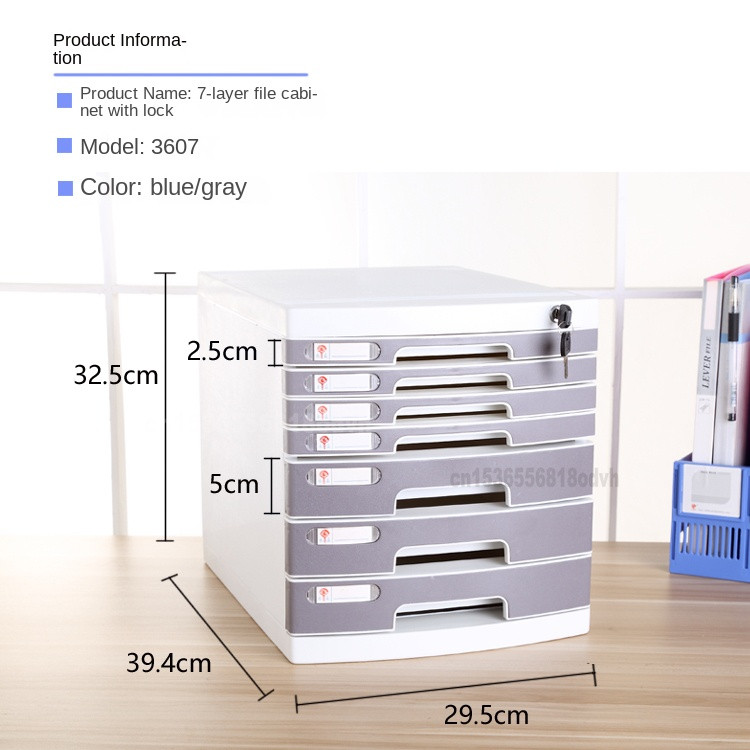 Product information: 7-layer file cabinet with lock, blue/gray, model 3607, dimensions shown